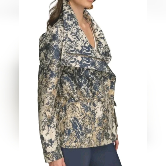 Donna Karan Metallic Jacqrard Moto Zip Jacket Coat Sz XL Blue Gold ASOTV Pamela - Picture 2 of 13